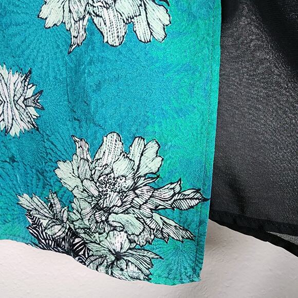 Citron Tunic Top Silk Floral Jacquard Aqua Black Art to Wear Size Medium Roomy - Picture 9 of 9